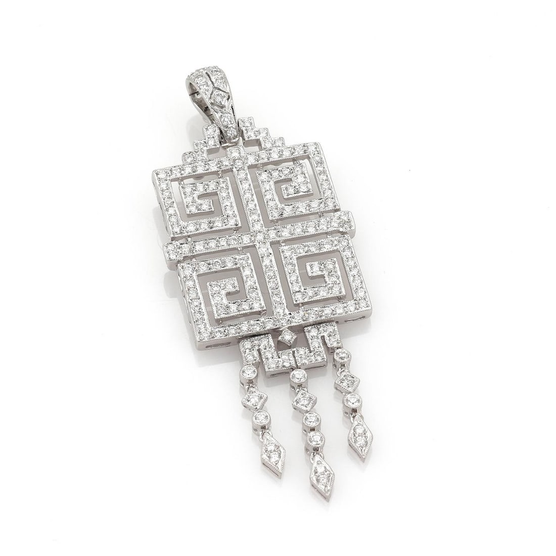 18k White Gold Diamond Dangle Pendant 3 Carats Maze Design: 18k White Gold Diamond Dangle Pendant 3 Carats Maze Design This stunning pendant showcases a unique maze design crafted from 18k white gold with a polished finish. It features a four-section open maze