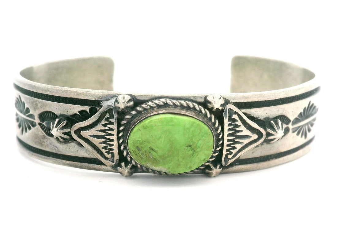 Navajo Happy Piasso Sterling Silver Green Turquoise Cuff Bracelet: Navajo Happy Piasso Sterling Silver Green Turquoise Cuff Bracelet This stunning Navajo cuff bracelet features a beautiful oval-cut natural turquoise stone, bezel set to showcase its bright light green