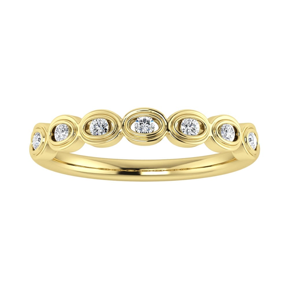Diamond 1/6 Ct.Tw. Stack Band in 10K Yellow Gold: Diamond 1/6 Ct.Tw. Stack Band in 10K Yellow Gold Metal: 10k Yellow Gold Sizes Avilable: 4,5,6,7,8,9 Stone Count: 7.0 Stone Shape: Round Stone Type: Diamond Stone Color: G-h Stone Clarity: I1 Stone Wei