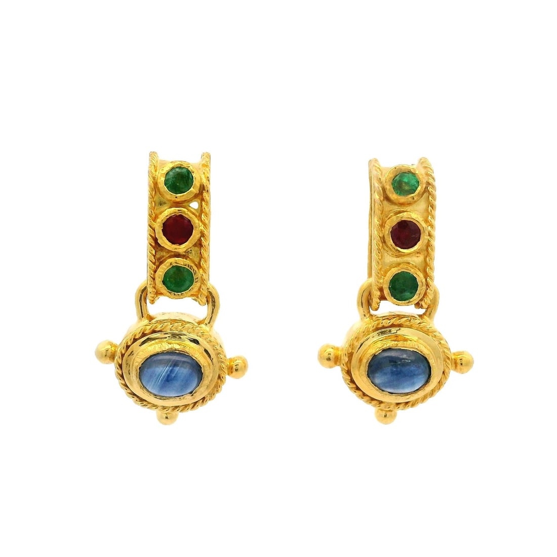18K Yellow Gold Twisted Wire Drop Earrings with Sapphire Ruby Emerald (1 of 6)