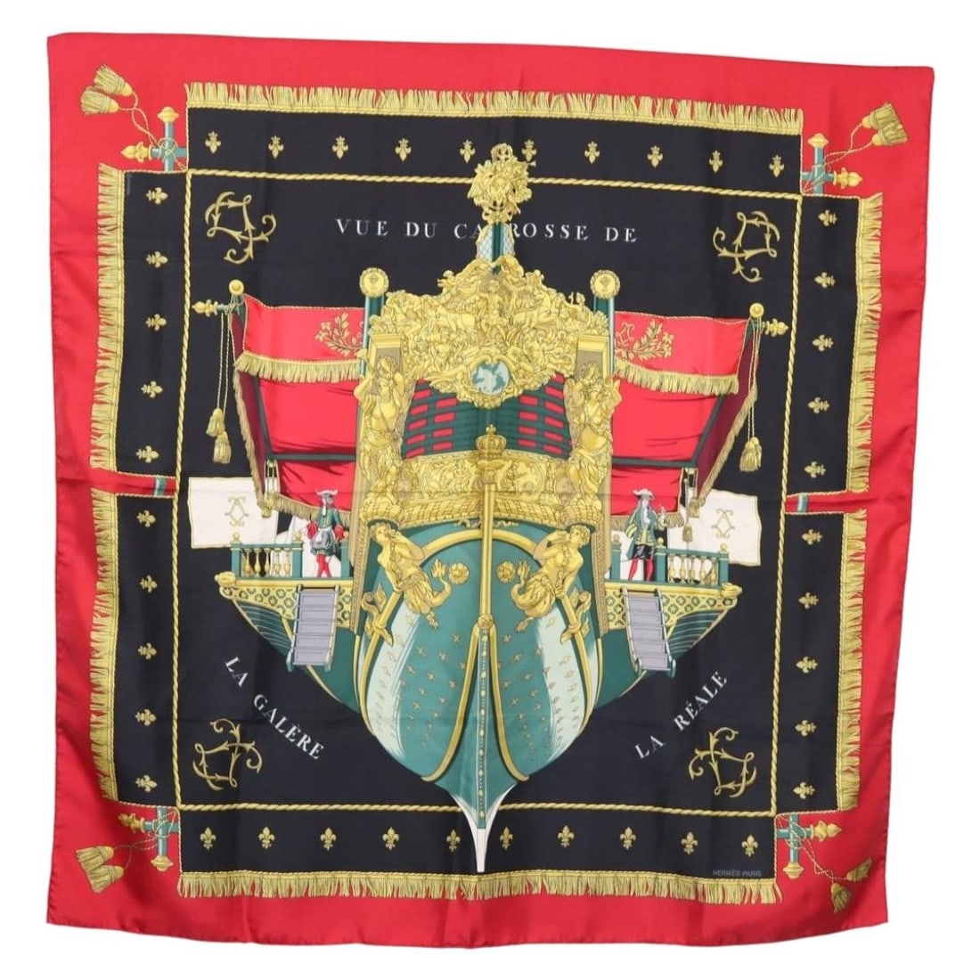 HERMES Carre 90 Silk Scarf VUE DU CAROSSE LA REALE Red France: HERMES Carre 90 Silk Scarf VUE DU CAROSSE LA REALE Red France Elevate your accessory collection with this stunning HERMES Carre 90 Scarf titled "VUE DU CAROSSE DE LA GALERE LA REALE". Crafted in Franc