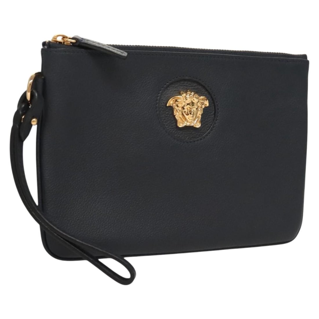 VERSACE Navy Gold Leather Clutch Bag Made in Italy: VERSACE Navy Gold Leather Clutch Bag Made in Italy Elevate your accessory collection with this authentic VERSACE clutch bag, crafted from exquisite leather in a striking navy and gold color scheme. Th