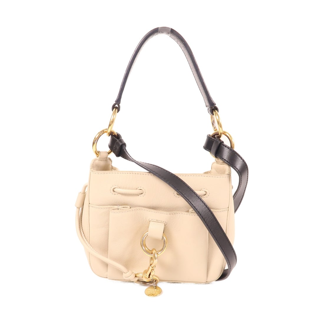 SEE BY CHLOE White Calfskin 2 Way Shoulder Bag with GHW: SEE BY CHLOE White Calfskin 2 Way Shoulder Bag with GHW Introducing the SEE BY CHLOE 2 Way Shoulder Bag, crafted from premium calfskin leather in an elegant white hue. This versatile bag features a sl