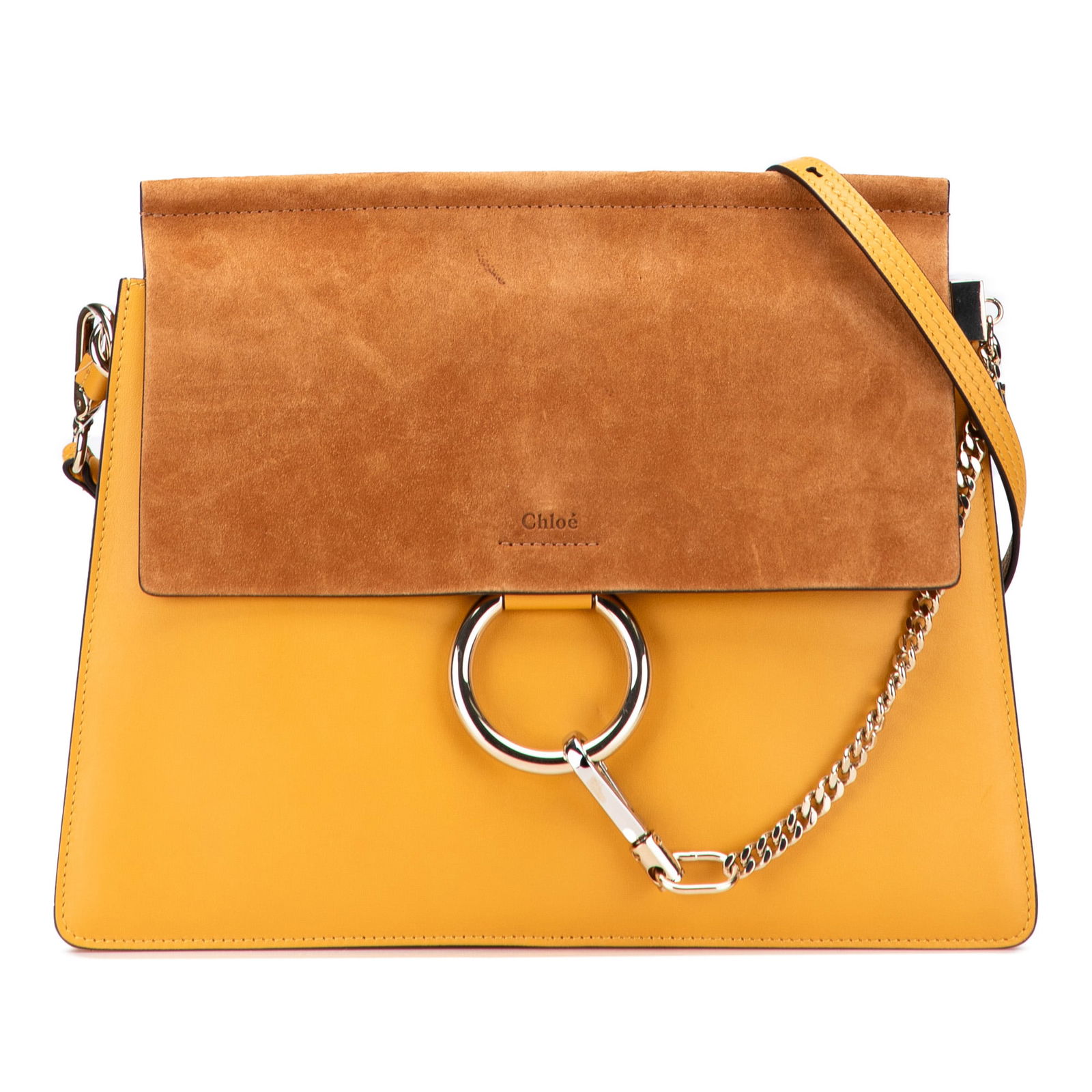 Chloe Medium Faye Leather Shoulder Bag in Yellow: Chloe Medium Faye Leather Shoulder Bag in Yellow The Chloe Medium Leather Faye Shoulder Bag showcases a sophisticated design with a luxurious leather body. It features an adjustable and detachable fla