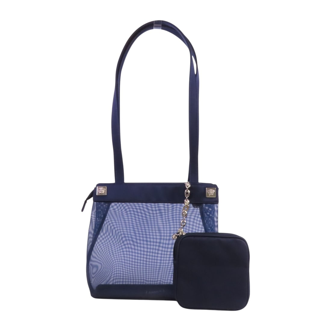 VERSACE Navy Nylon Tote Bag Shoulder Bag: VERSACE Navy Nylon Tote Bag Shoulder Bag This stylish VERSACE tote bag is crafted from durable nylon in a classic navy color. Its sleek design and practical size make it perfect for everyday use or sp