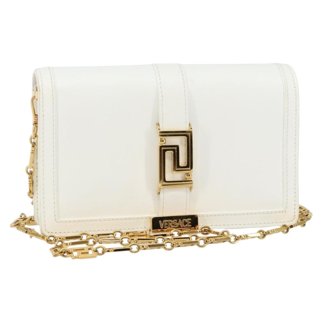 VERSACE White Gold Leather Chain Shoulder Bag Italy BA6599: VERSACE White Gold Leather Chain Shoulder Bag Italy BA6599 This stunning Versace Chain Shoulder Bag is a luxurious accessory crafted in Italy from high-quality leather. The exterior features an elegan