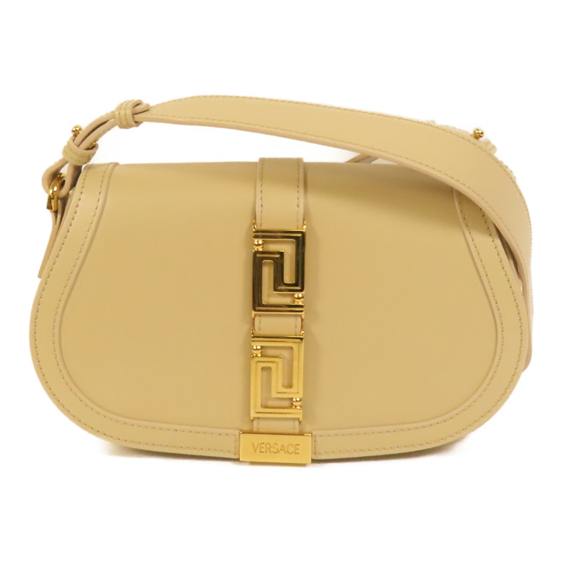 VERSACE Greca Goddess Beige Calfskin Leather Shoulder Bag: VERSACE Greca Goddess Beige Calfskin Leather Shoulder Bag Elevate your style with the VERSACE Greca Goddess Shoulder Bag, crafted from luxurious calfskin leather in a sophisticated beige hue. This ele