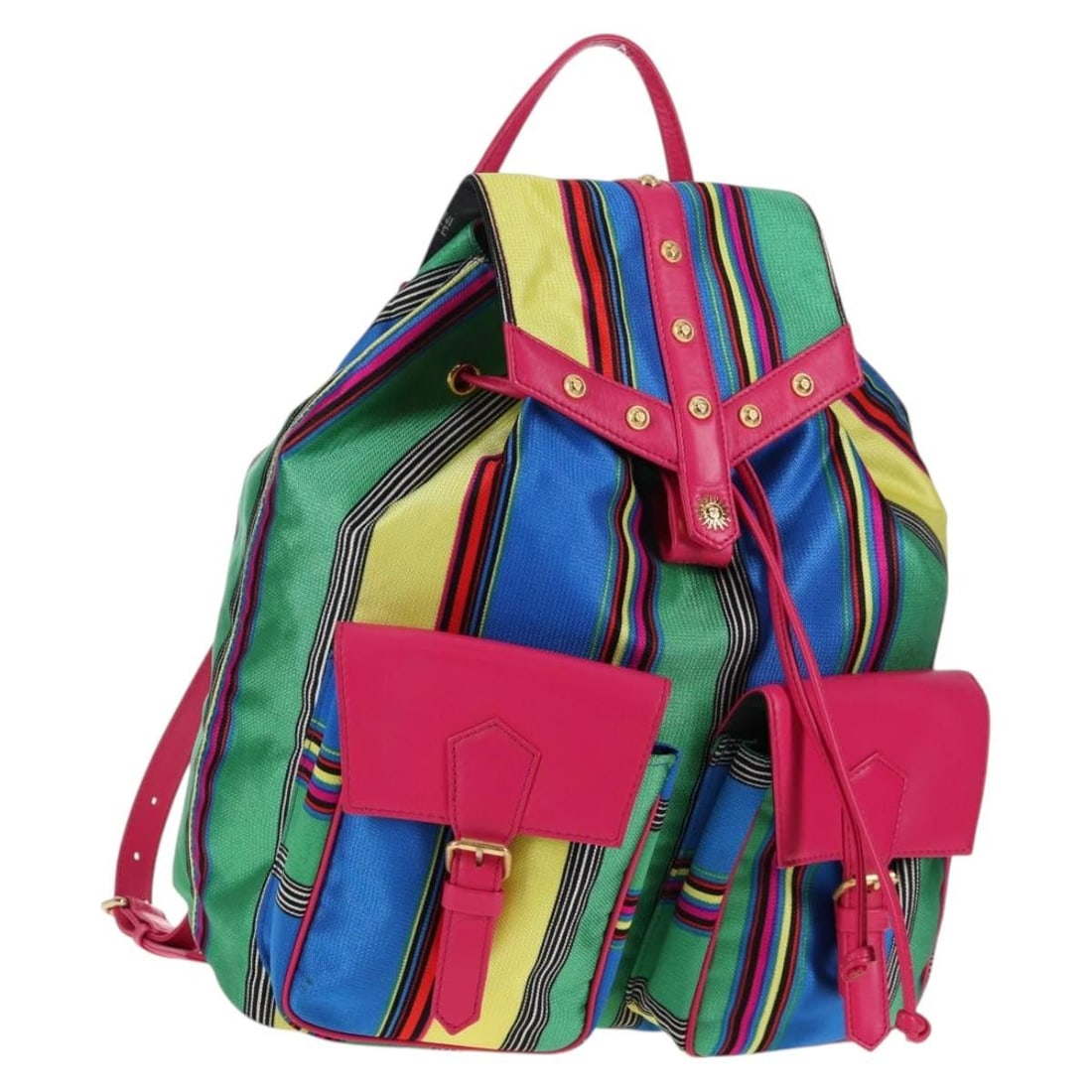 Gianni Versace Multicolor Canvas Backpack with Gold Accents Auth 142845V: Gianni Versace Multicolor Canvas Backpack with Gold Accents Auth 142845V This Gianni Versace multicolor canvas backpack combines style and functionality, making it a perfect accessory for any fashion