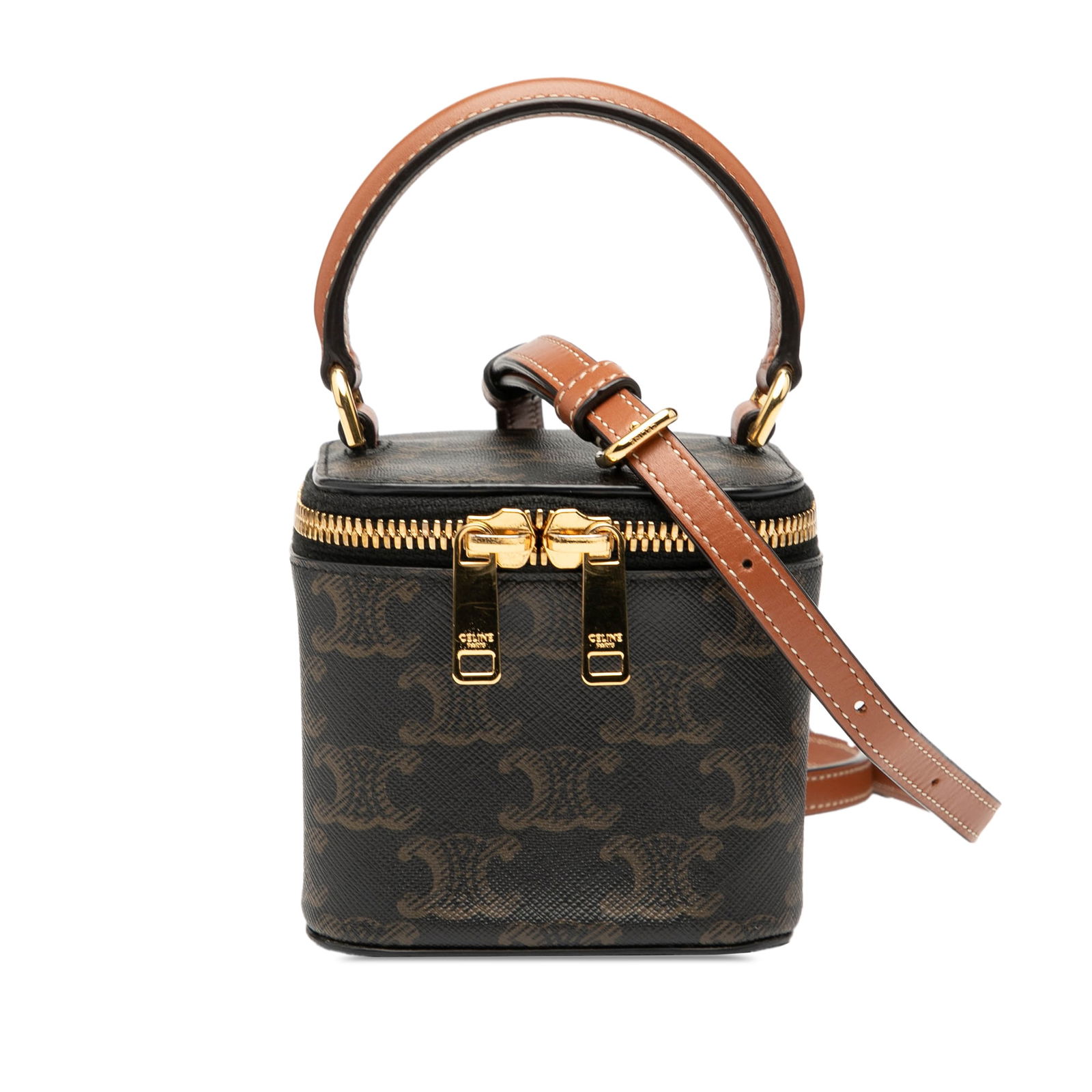 Celine Mini Triomphe Coated Canvas Vanity Bag Brown Italy: Celine Mini Triomphe Coated Canvas Vanity Bag Brown Italy This Celine Mini Triomphe Coated Canvas Vanity Case is a stylish and practical accessory crafted from durable coated canvas with elegant leath