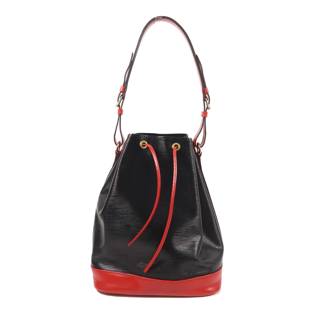 LOUIS VUITTON Noe Shoulder Bag M44017 Black Epi Leather with Red Accents: LOUIS VUITTON Noe Shoulder Bag M44017 Black Epi Leather with Red Accents This Louis Vuitton Noe Shoulder Bag features a stylish design in black Epi leather with striking red accents. The exterior mate