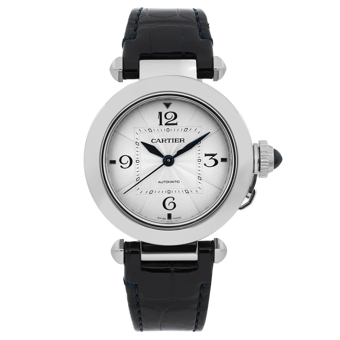 Cartier Pasha de Cartier 35mm Automatic Watch Silver Dial Blue Leather Strap: Cartier Pasha de Cartier 35mm Automatic Watch Silver Dial Blue Leather Strap Presenting the Cartier Pasha de Cartier Automatic Watch, a stylish and sophisticated timepiece designed for casual wear. Th