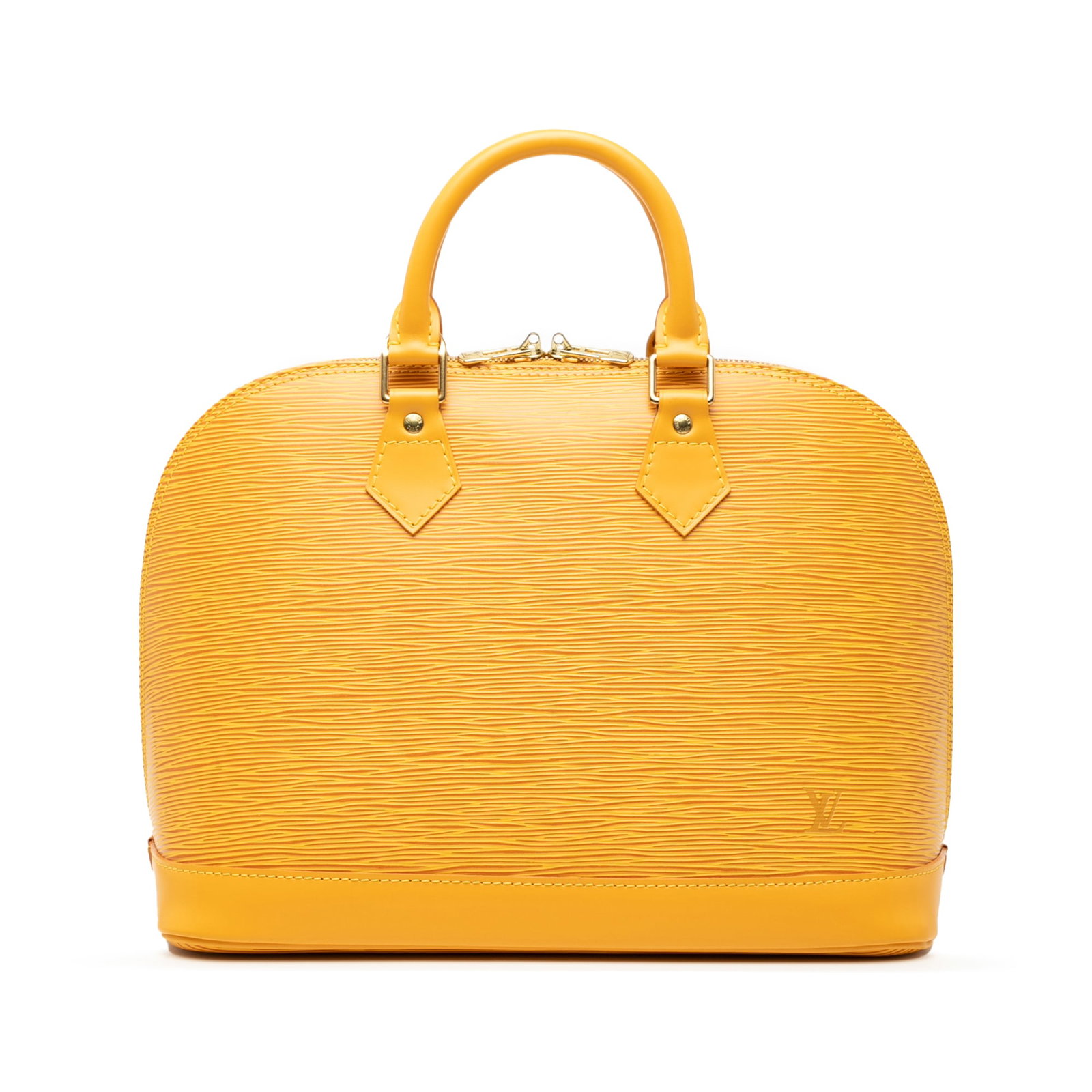 Louis Vuitton Epi Alma PM Yellow Leather Handbag: Louis Vuitton Epi Alma PM Yellow Leather Handbag The Louis Vuitton Epi Alma PM is a stylish and functional handbag crafted from durable epi leather. This chic bag features rolled leather handles and a