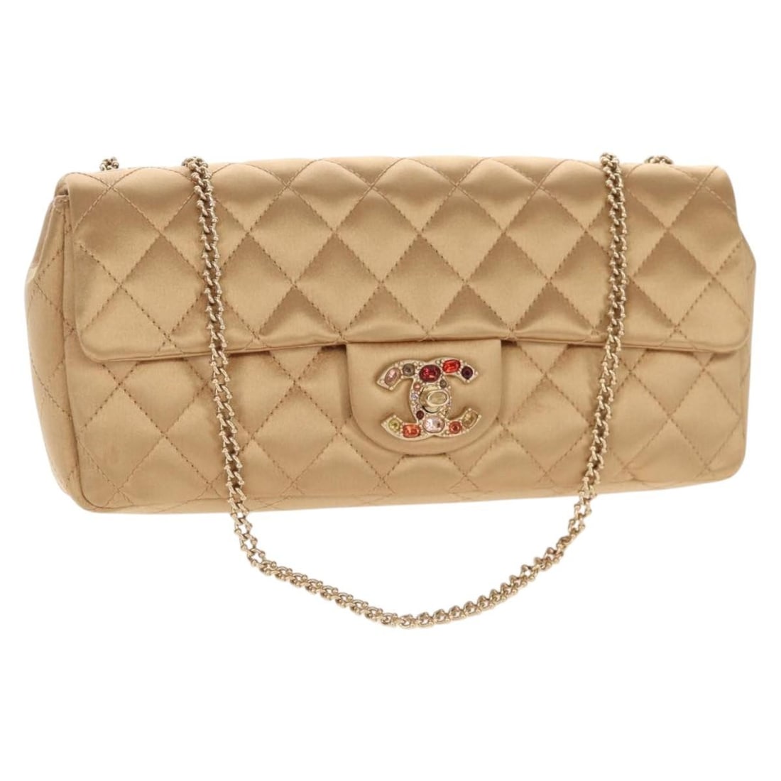 CHANEL Gold Satin Matelasse Shoulder Bag with Chain Authentic: CHANEL Gold Satin Matelasse Shoulder Bag with Chain Authentic This exquisite CHANEL Chain Matelasse Shoulder Bag features a luxurious gold satin exterior, designed to elevate any outfit. With a compac