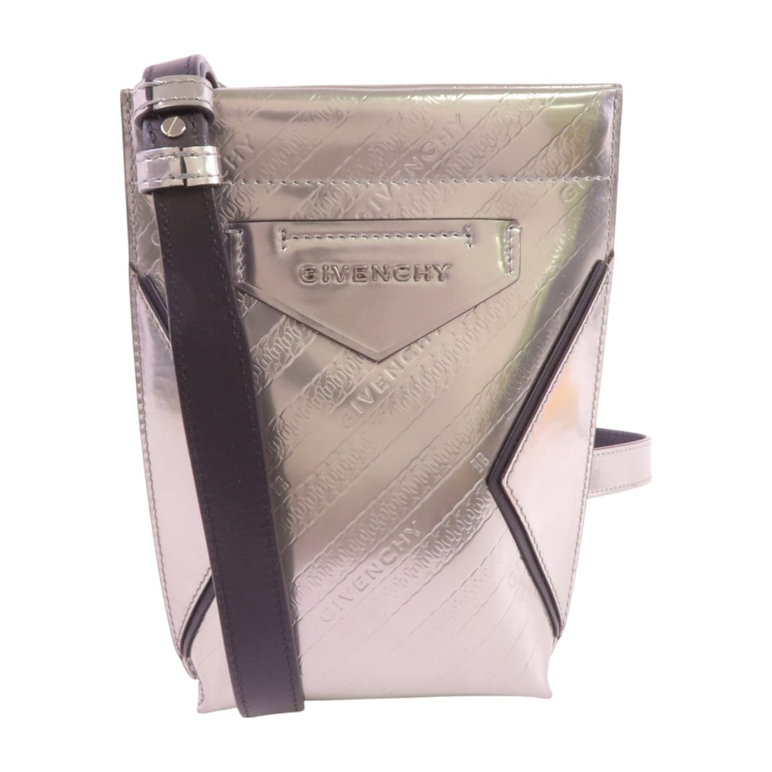 GIVENCHY Silver Patent Leather Shoulder Bag: GIVENCHY Silver Patent Leather Shoulder Bag Elevate your accessory collection with this GIVENCHY Lacquered Leather Shoulder Bag. Crafted from sleek silver patent leather, this stylish shoulder bag fea