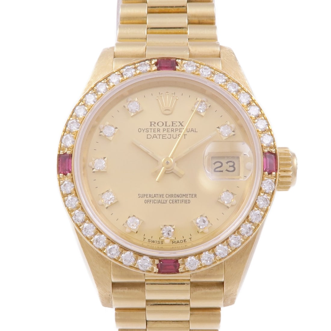 ROLEX Datejust 26mm Automatic Diamond Ruby 18K Yellow Gold Watch: ROLEX Datejust 26mm Automatic Diamond Ruby 18K Yellow Gold Watch This exquisite ROLEX Datejust wristwatch combines elegance and luxury in a stunning 26mm design. Crafted from K18 yellow gold, this aut