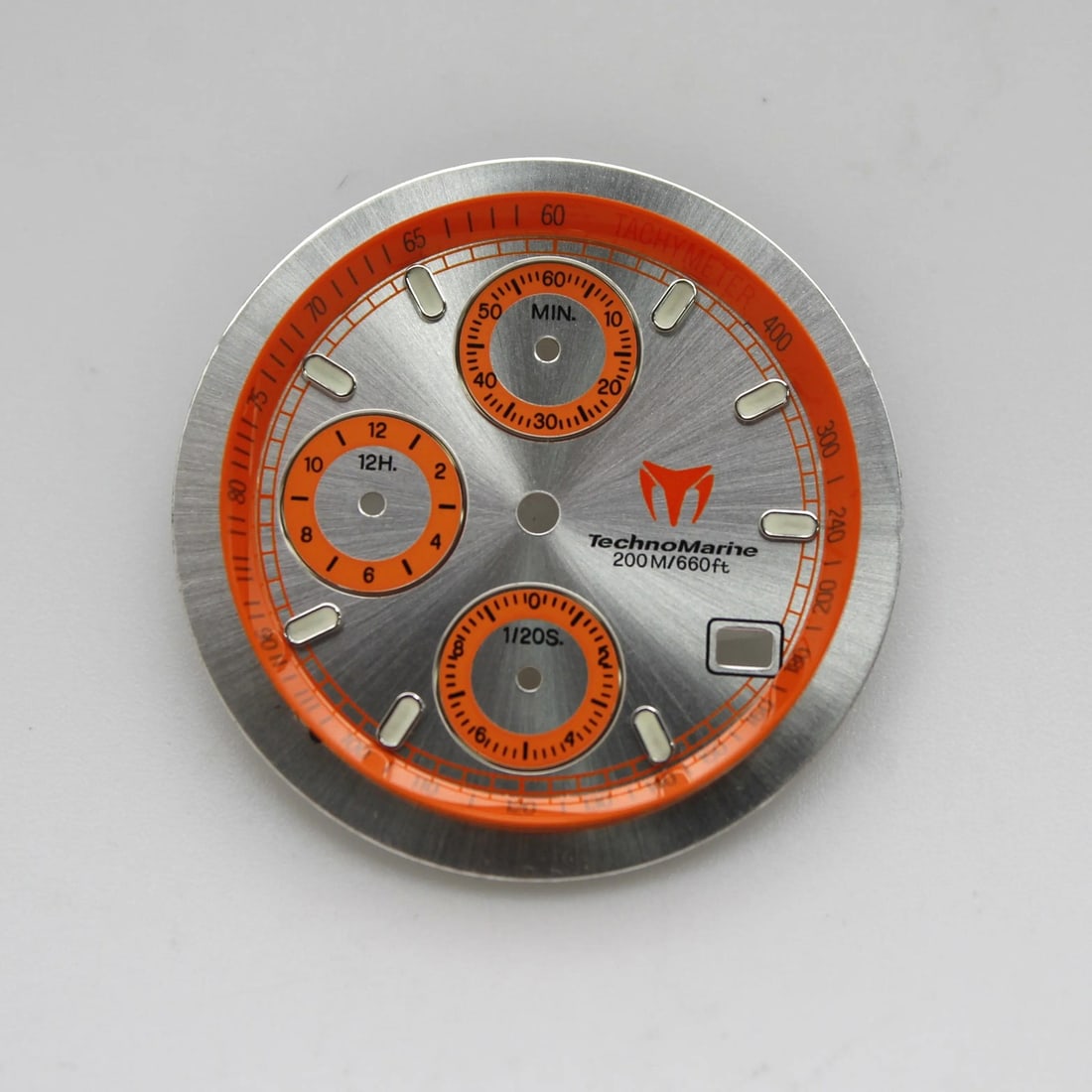 TechnoMarine Cruise 30mm Silver Orange Sport Dial: TechnoMarine Cruise 30mm Silver Orange Sport Dial This TechnoMarine Cruise dial is designed for a 36mm watch and features a striking silver background with vibrant orange sub-dials. The dial showcases
