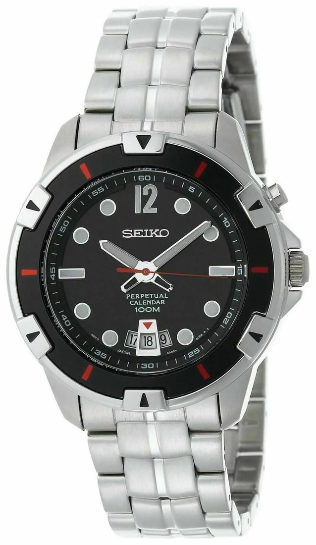 Seiko Sport Quartz Perpetual Calendar 43mm Black Dial Men's Watch SNQ085: Seiko Sport Quartz Perpetual Calendar 43mm Black Dial Men's Watch SNQ085 Discover the Seiko Sport Perpetual Calendar Watch, a perfect blend of style and functionality. This men's wristwatch features a