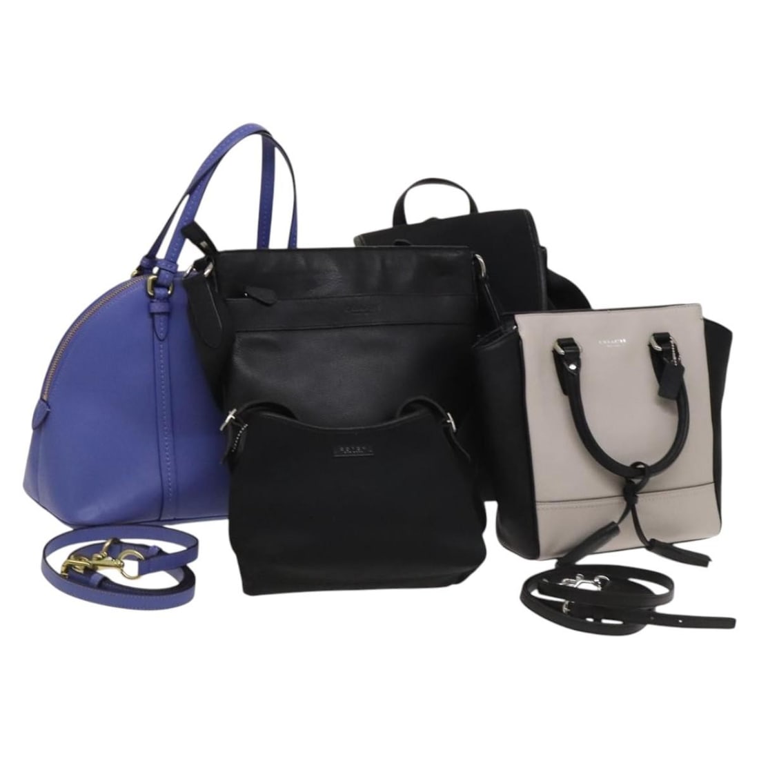 Coach Leather Nylon Backpack Hand Bag Set of 5 Black Beige Blue Auth: Coach Leather Nylon Backpack Hand Bag Set of 5 Black Beige Blue Auth This stylish Coach Backpack Shoulder Hand Bag features a combination of leather and nylon, presented in a chic black, beige, and bl