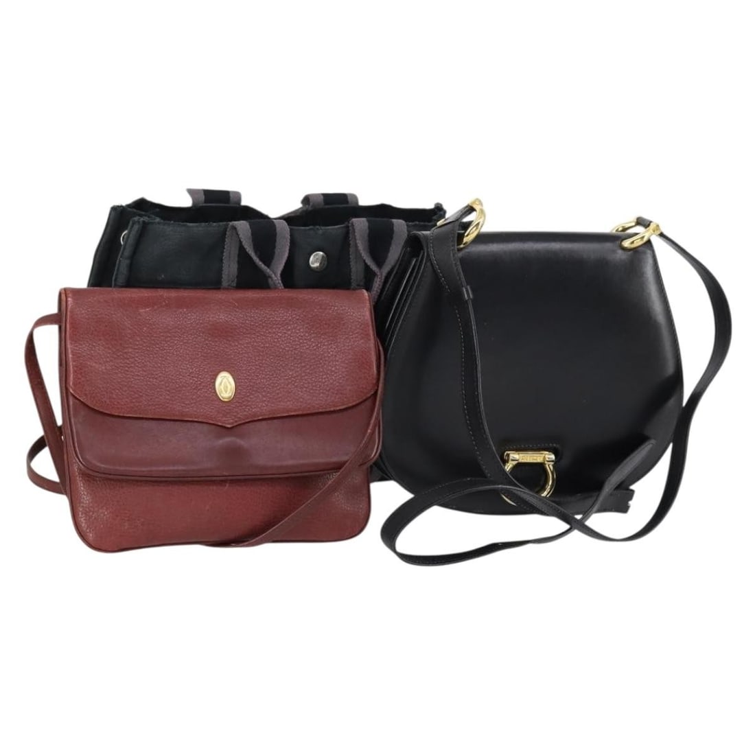 CARTIER Shoulder Bag Set of 3 Canvas Leather Black Bordeaux Auth (1 of 18)