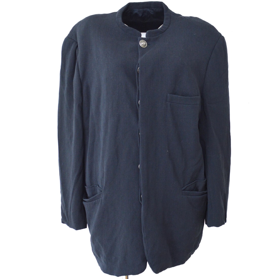 Vintage Gianni Versace Collarless Black Button Jacket: Vintage Gianni Versace Collarless Black Button Jacket This vintage Gianni Versace long sleeve jacket is a stunning piece for any casual occasion. Crafted in a sleek black nylon, it features a collarle