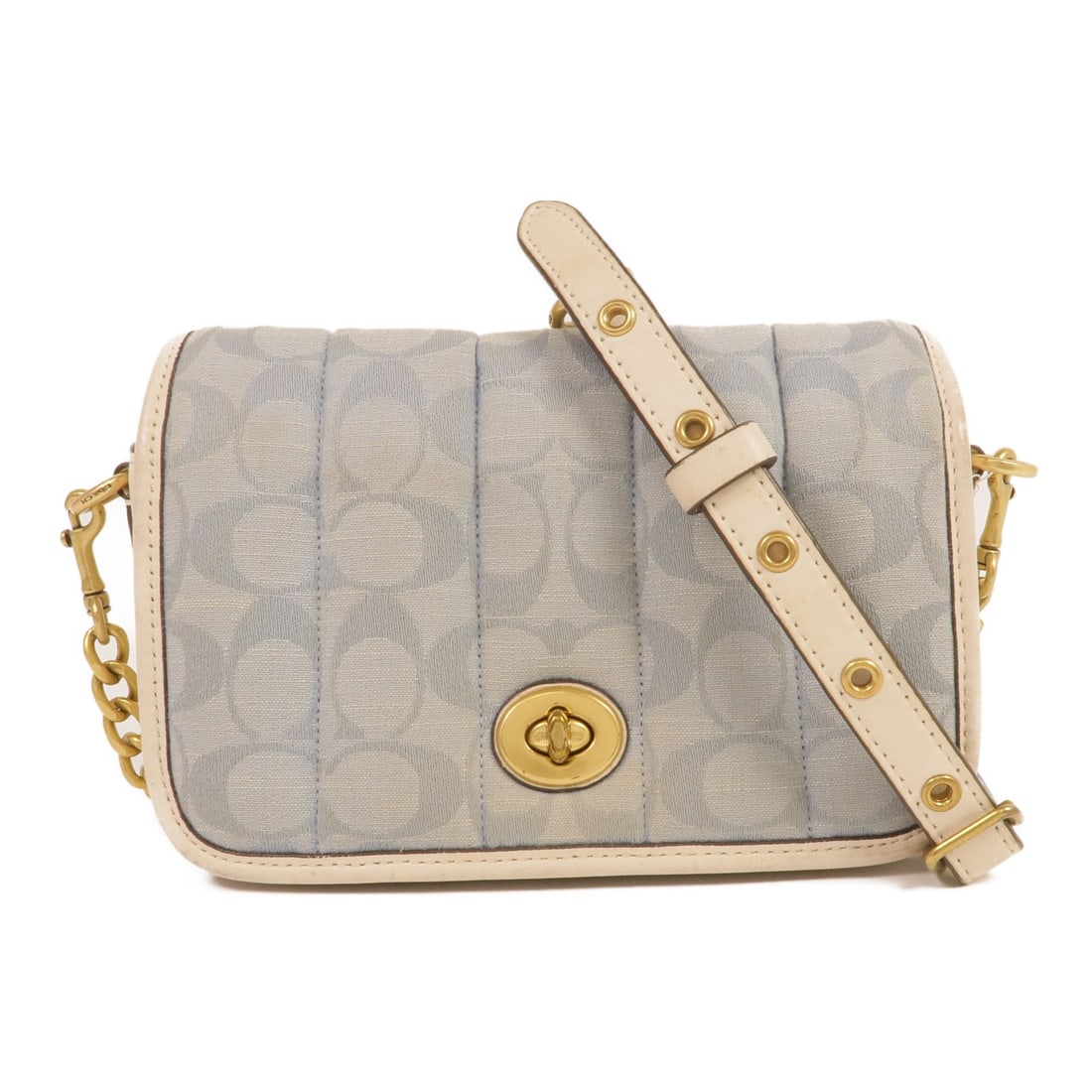 COACH Blue White Denim Leather Shoulder Bag GHW: COACH Blue White Denim Leather Shoulder Bag GHW This COACH shoulder bag combines stylish design with practicality. Crafted from leather in a vibrant blue hue, it features a compact size that is perfec