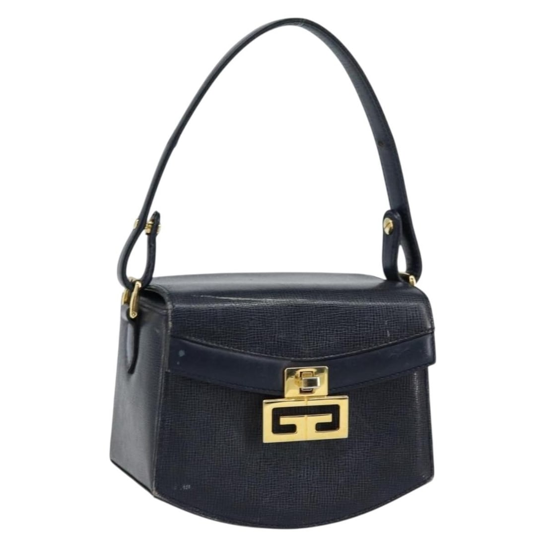 GIVENCHY Navy Gold Leather Hand Bag Authentic SW1855: GIVENCHY Navy Gold Leather Hand Bag Authentic SW1855 This GIVENCHY hand bag features a luxurious leather exterior in a striking navy and gold color combination. Designed for style and practicality, it