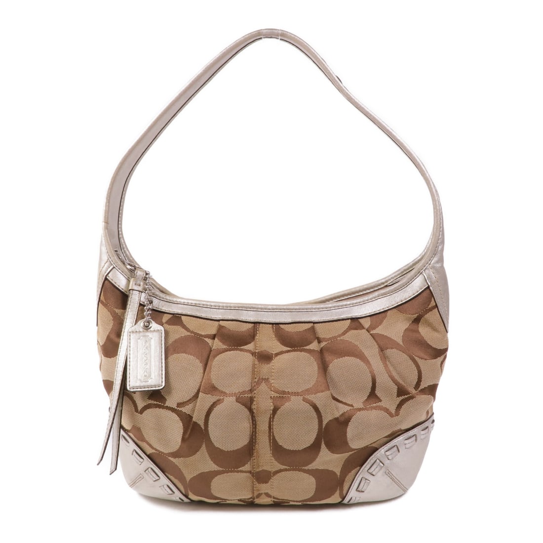 COACH Shoulder Bag 12227 Leather Canvas Brown Silver: COACH Shoulder Bag 12227 Leather Canvas Brown Silver This COACH shoulder bag is crafted from a combination of leather and canvas, featuring a rich brown exterior complemented by silver hardware. Desig