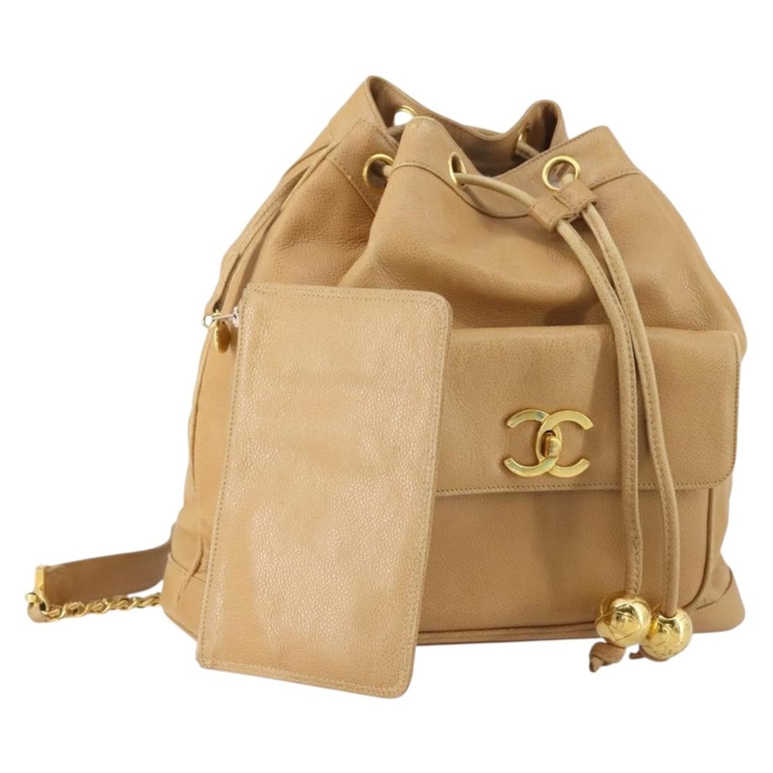 CHANEL Beige Gold Caviar Skin Backpack Auth 2736393: CHANEL Beige Gold Caviar Skin Backpack Auth 2736393 This stylish CHANEL Backpack is crafted from luxurious grained calfskin, featuring a chic beige and gold color combination that adds an elegant touc