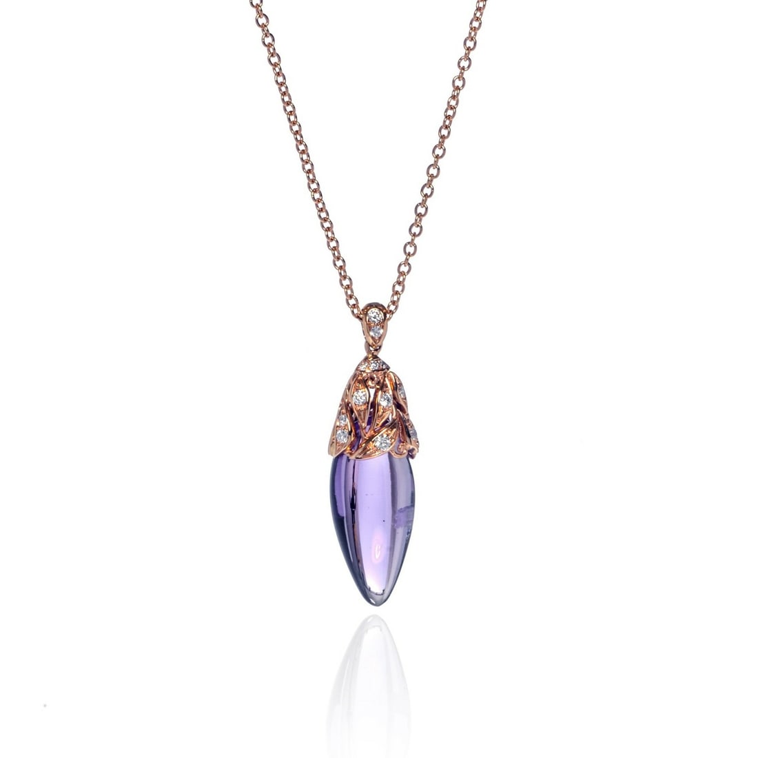Luca Carati Purple Amethyst Diamond Pendant Necklace 18K Rose Gold 17in: Luca Carati Purple Amethyst Diamond Pendant Necklace 18K Rose Gold 17in Elevate your jewelry collection with this stunning pendant necklace crafted by Luca Carati. Featuring a vibrant purple amethyst