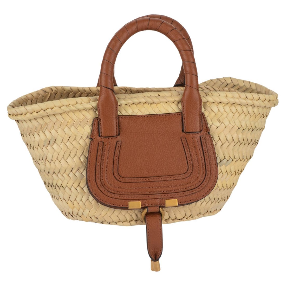 Chloe Mini Basket Straw Leather Handbag with Gold Hardware: Chloe Mini Basket Straw Leather Handbag with Gold Hardware Discover the elegance of the Chloe New Straw Leather Mini Basket, a stunning accessory crafted from palm leaves and rich brown natural leathe