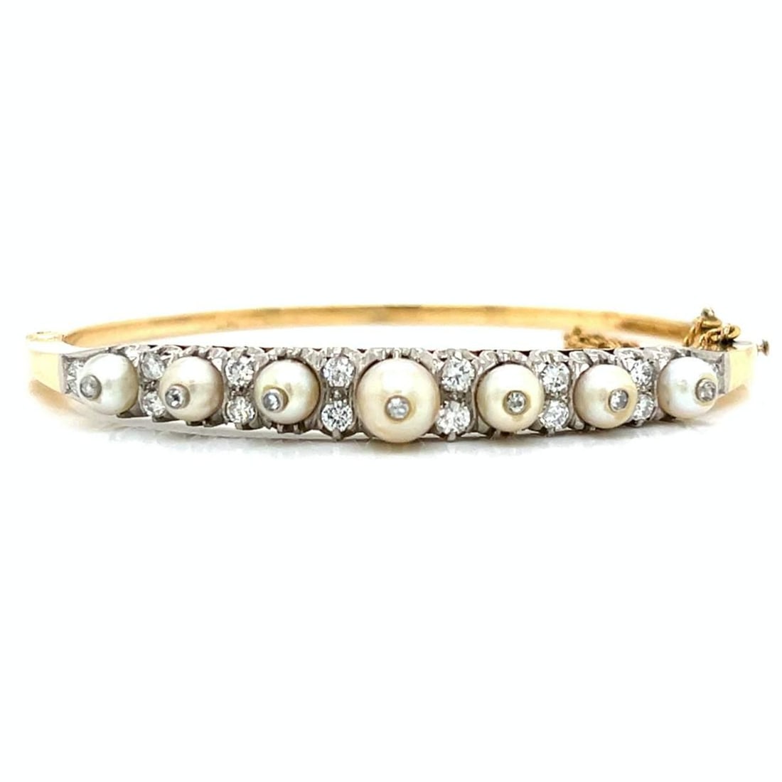 Antique 14K Gold Platinum Pearl Diamond Bangle 21 Diamonds 1.10 Ct: Antique 14K Gold Platinum Pearl Diamond Bangle 21 Diamonds 1.10 Ct This exquisite antique bangle showcases a stunning combination of 14K gold and platinum, adorned with natural pearls and sparkling di