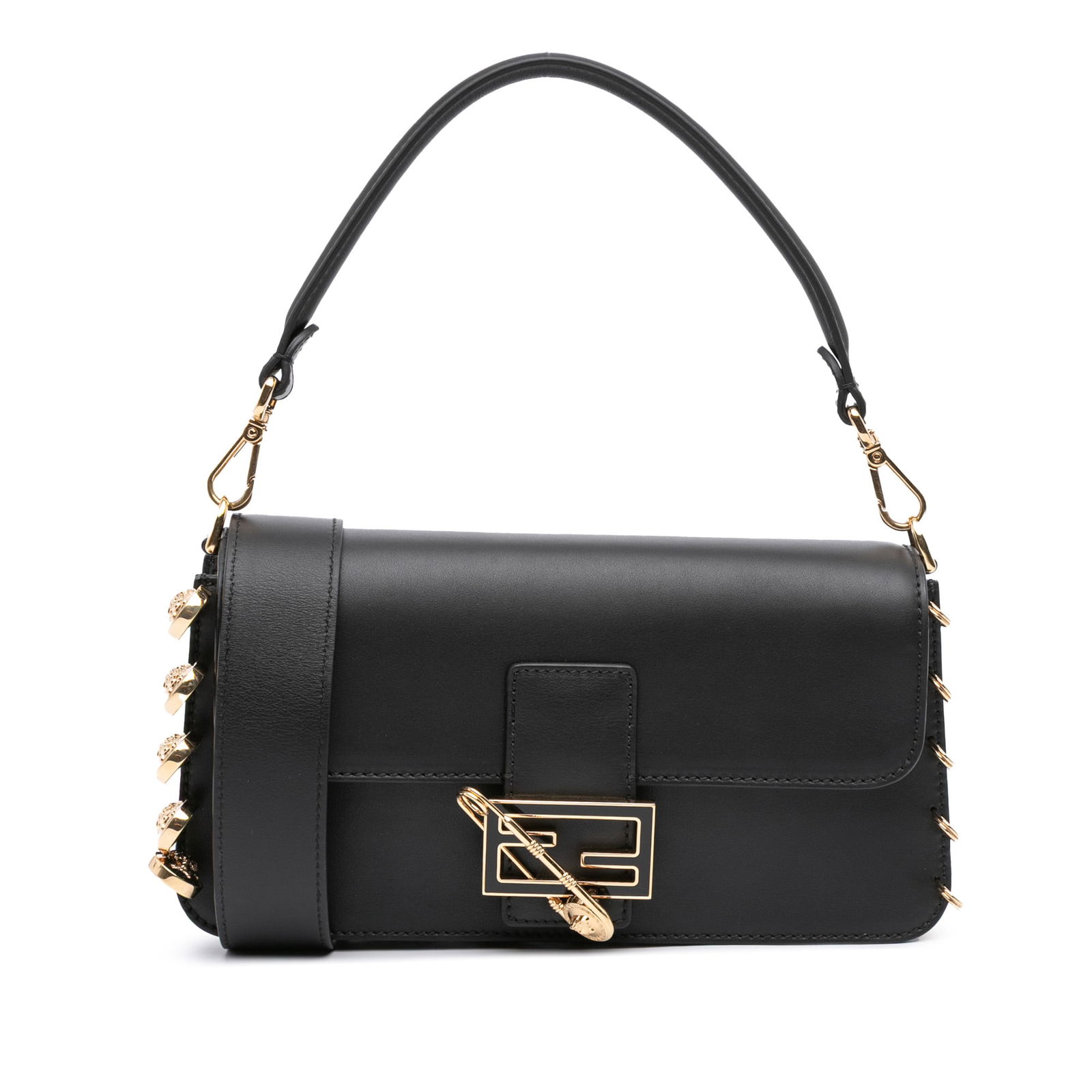 Fendi Versace Vitello Seta Fendace Brooch Baguette Satchel Black Leather: Fendi Versace Vitello Seta Fendace Brooch Baguette Satchel Black Leather This Fendi Versace Vitello Seta Fendace Brooch Baguette Satchel showcases exquisite Italian craftsmanship. The satchel is craft