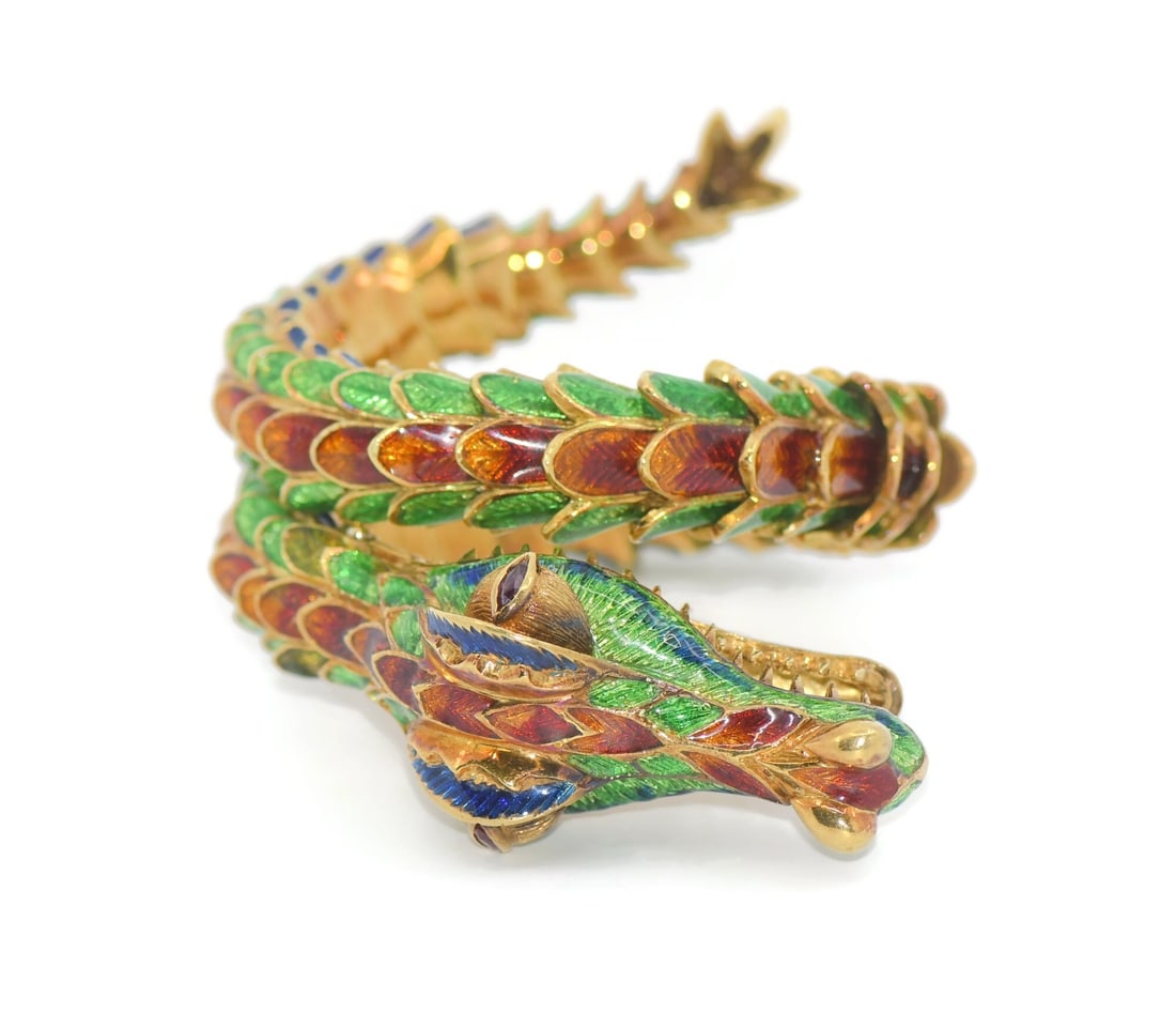 Antique Dragon Bangle Bracelet 18K Yellow Gold 170g Authentic: Antique Dragon Bangle Bracelet 18K Yellow Gold 170g Authentic This stunning antique dragon enamel bracelet is crafted from 18K yellow gold, showcasing intricate detailing and a unique design. Weighing