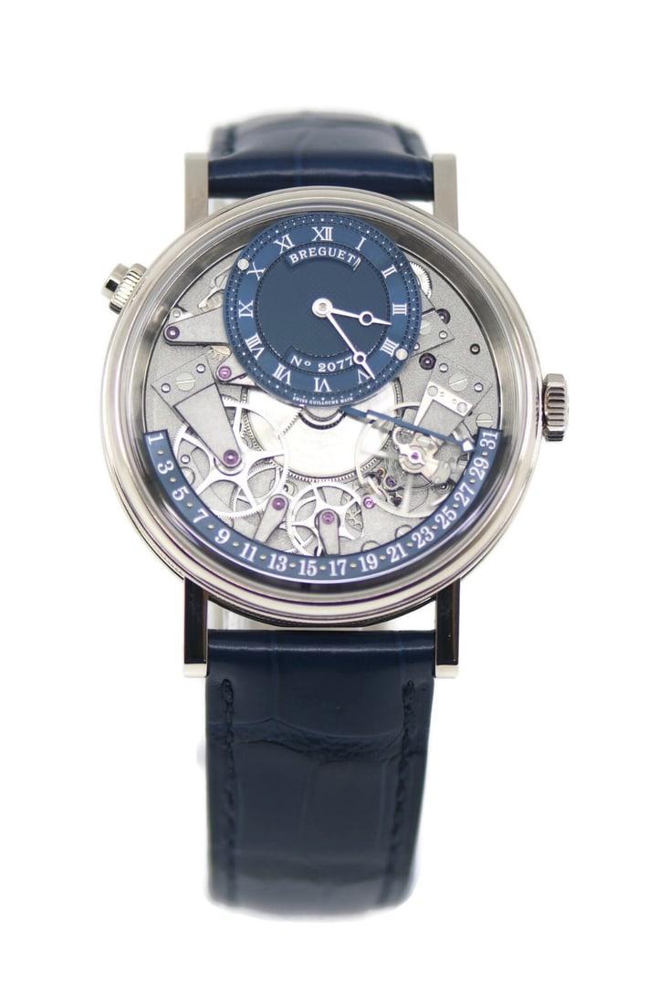 Breguet Tradition Retrograde 18K White Gold Automatic Watch 7597 with Box and Papers: Breguet Tradition Retrograde 18K White Gold Automatic Watch 7597 with Box and Papers Experience the elegance of the Breguet Tradition Retrograde wristwatch, crafted from luxurious 18K white gold. This
