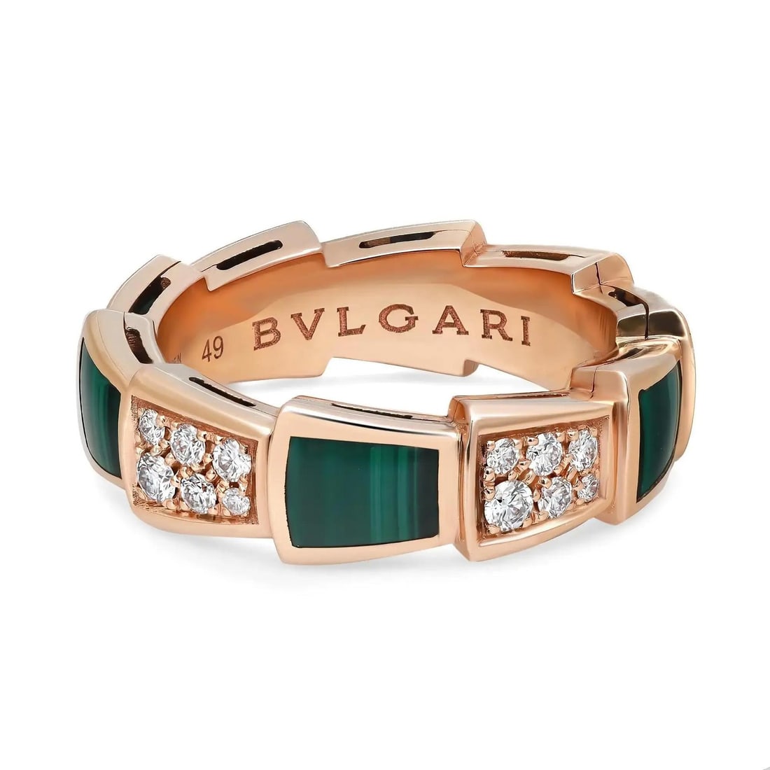 Bvlgari Serpenti Viper Diamond Malachite Band Ring 18K Rose Gold Size 5: Bvlgari Serpenti Viper Diamond Malachite Band Ring 18K Rose Gold Size 5 Experience the elegance of the Bvlgari Serpenti Viper Band Ring, an exquisite piece designed to embrace the finger with its sens