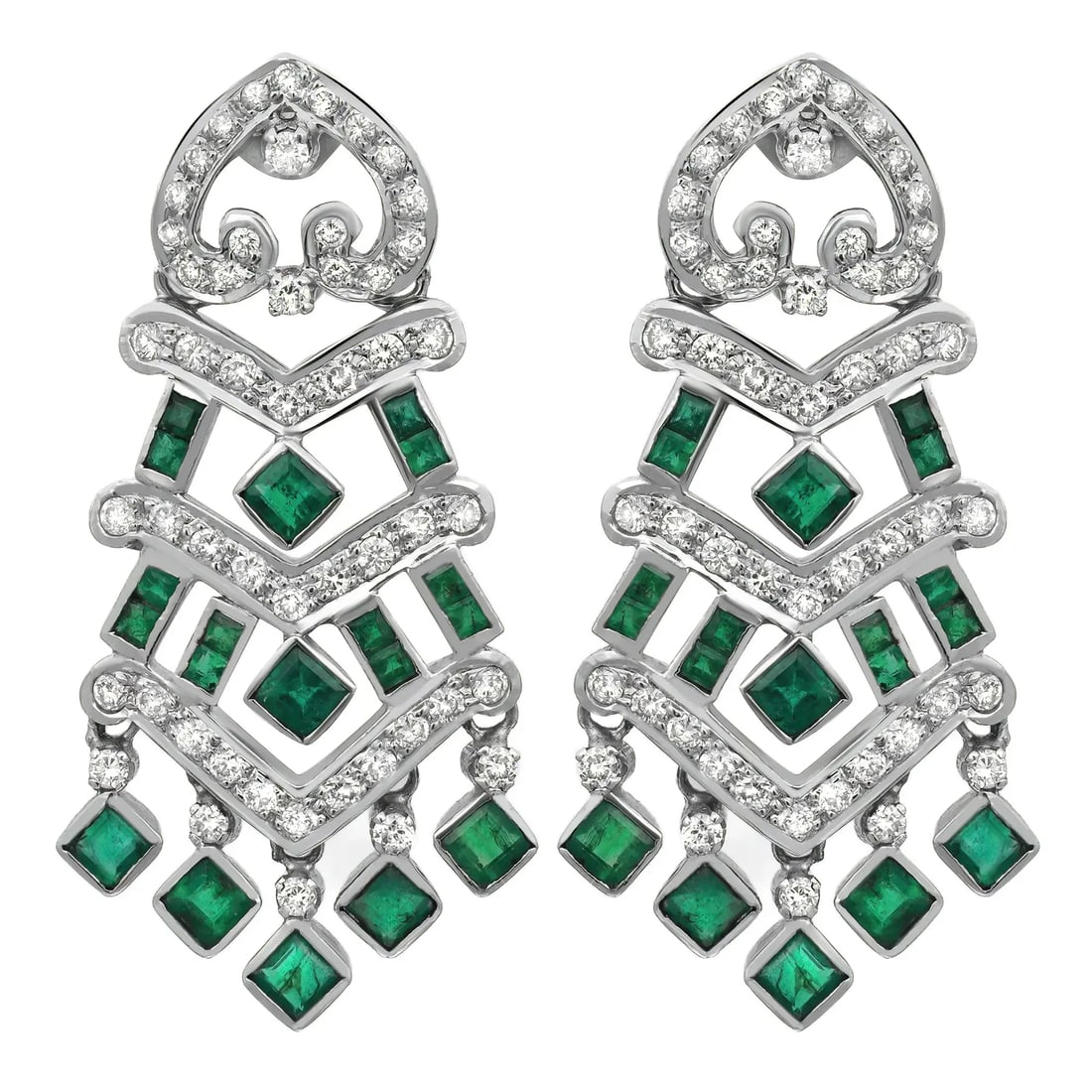Rachel Koen 14K White Gold Emerald Diamond Chandelier Earrings 3.60Cttw (1 of 4)