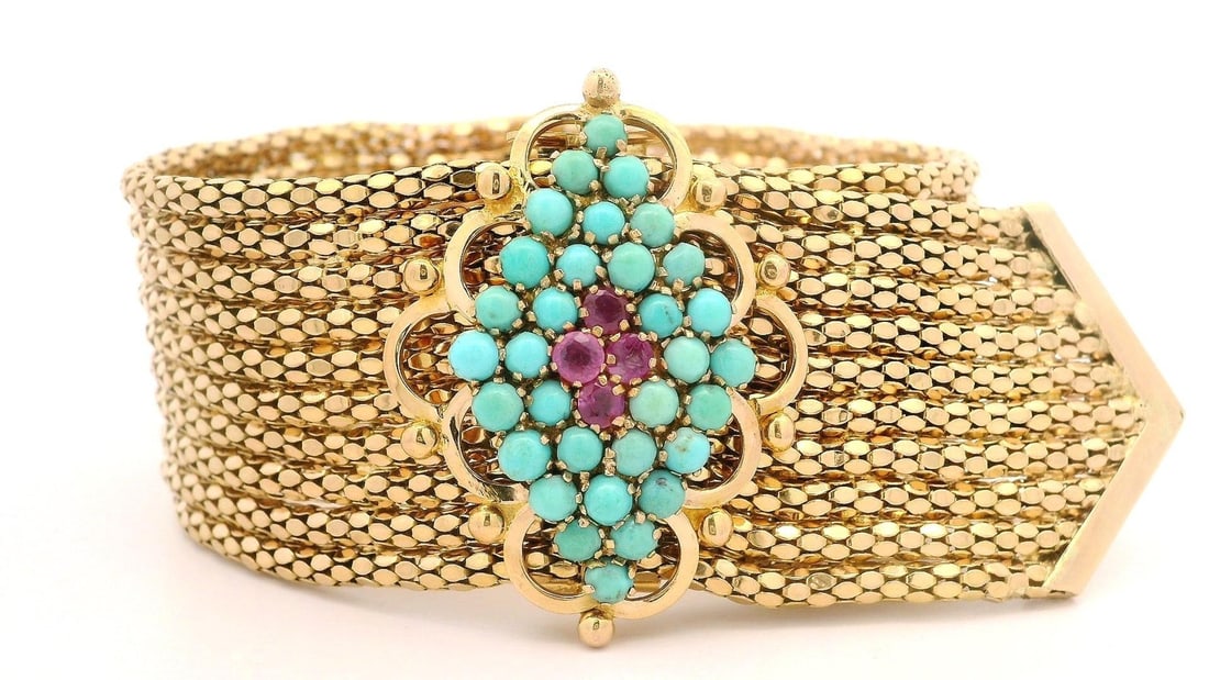 Vintage 18k Yellow Gold Turquoise Ruby Popcorn Link Bracelet 9.25 Inches: Vintage 18k Yellow Gold Turquoise Ruby Popcorn Link Bracelet 9.25 Inches Discover this stunning Vintage 18k Yellow Gold Turquoise & Ruby Wide Popcorn Link Strap Buckle Bracelet, a true statement piece