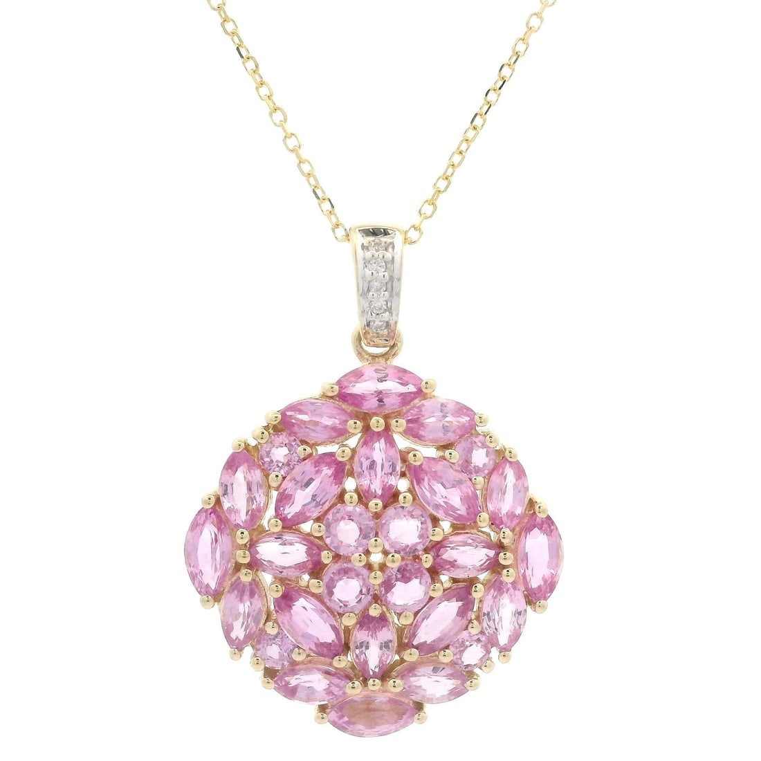 14k Yellow Gold Mosaic Pendant with Pink Sapphire and Diamond: 14k Yellow Gold Mosaic Pendant with Pink Sapphire and Diamond This exquisite pendant features a stunning mosaic design crafted from solid 14k yellow gold, showcasing a vibrant array of natural pink sa
