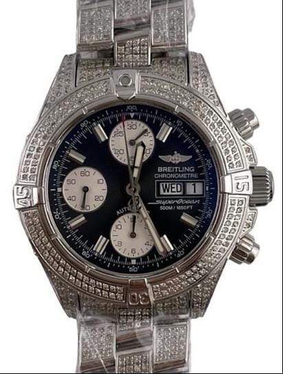 Breitling Superocean A13340 Black Dial Diamond Bezel Bracelet: Breitling Superocean A13340 Black Dial Diamond Bezel Bracelet This stunning Breitling Superocean watch features a striking black dial enhanced by a diamond bezel and diamond bracelet, making it a luxu
