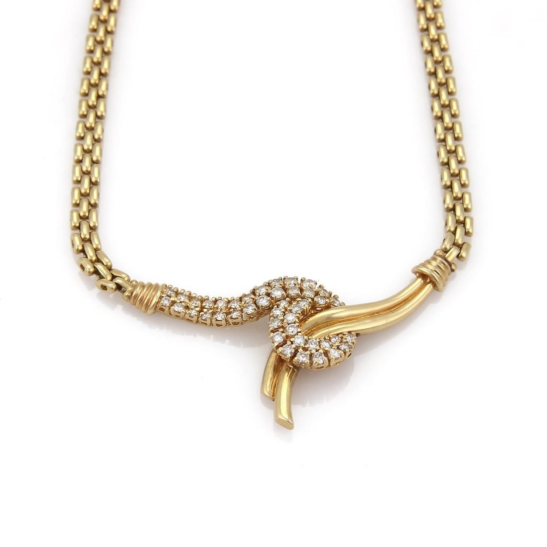 14k Yellow Gold Double Row Diamond Pendant Panther Link Necklace: 14k Yellow Gold Double Row Diamond Pendant Panther Link Necklace This stunning necklace is made from 14k yellow gold with a polished finish, showcasing a captivating double row round cut diamond swirl