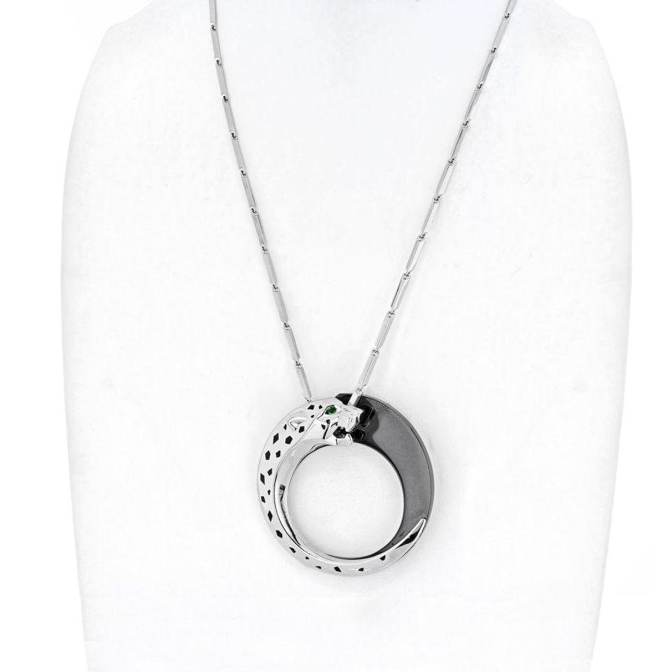 Cartier Panthere 18K White Gold Black Lacquer Necklace 27in: Cartier Panthere 18K White Gold Black Lacquer Necklace 27in This exquisite necklace from the renowned Panthere de Cartier collection showcases the signature Panther motif, crafted in luxurious 18K whi
