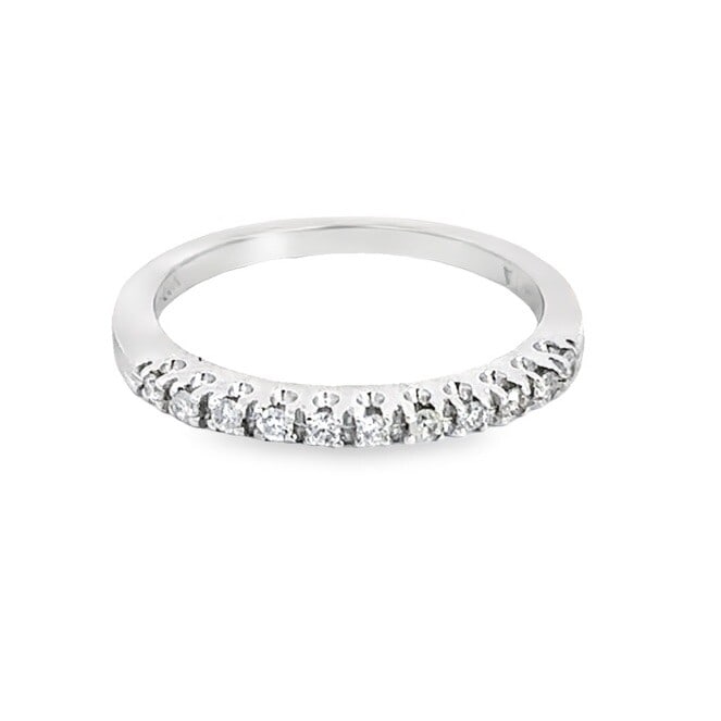 14k White Gold Stackable Wedding Band with 0.16ct Round Diamonds: 14k White Gold Stackable Wedding Band with 0.16ct Round Diamonds This exquisite 14k white gold wedding band features a stunning arrangement of 11 natural round diamonds, totaling approximately 0.16 ca