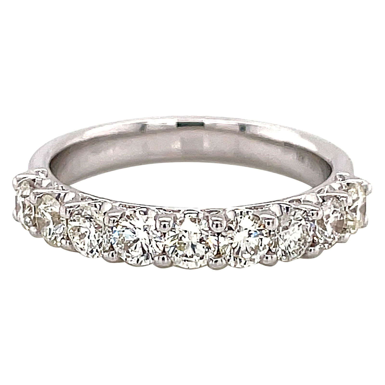 1.01ct Round Diamond Half Eternity Band 18k White Gold Modern Design: 1.01ct Round Diamond Half Eternity Band 18k White Gold Modern Design This exquisite half eternity band features 9 round brilliant diamonds with a total weight of 1.01 carats, showcasing H/I color and