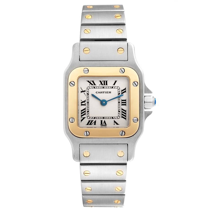 Cartier Santos Galbee Small Ladies Watch White Roman Dial 18K YG: Cartier Santos Galbee Small Ladies Watch White Roman Dial 18K YG Presenting the elegant Cartier Santos Galbee Small, designed specifically for ladies. This exquisite timepiece features a classic white