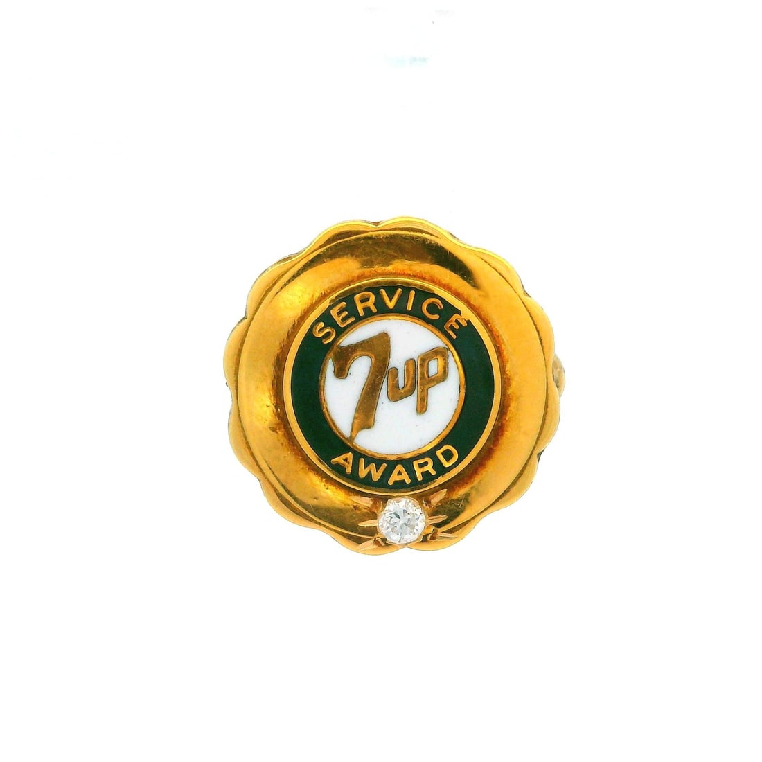 Vintage 14k Yellow Gold Green Enamel 7Up Service Badge Brooch with Diamond: Vintage 14k Yellow Gold Green Enamel 7Up Service Badge Brooch with Diamond This exquisite vintage brooch showcases a 14k yellow gold design accented with a natural diamond and vibrant green enamel. Th