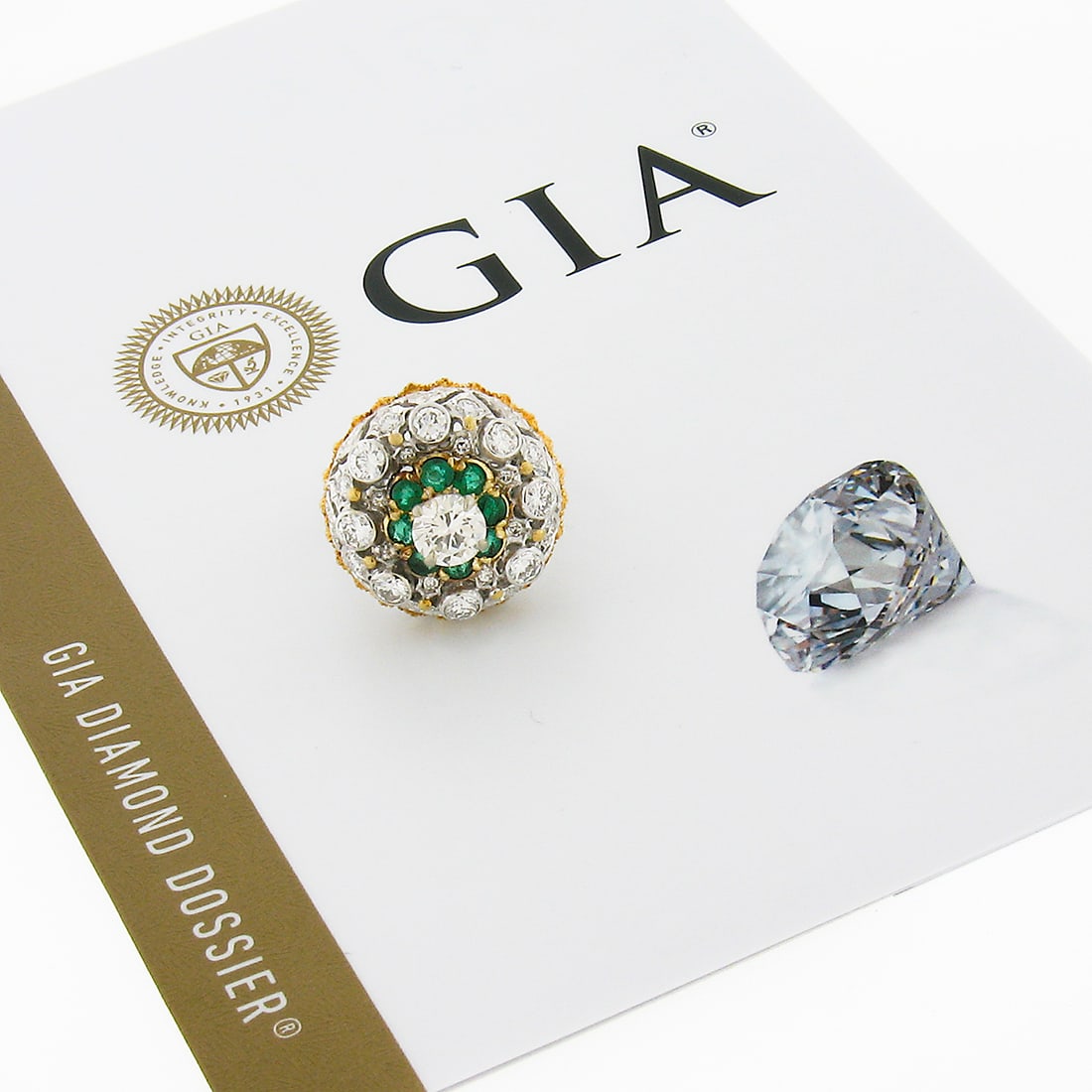 Vintage 18k Two Tone Gold GIA Diamond Emerald Cocktail Ring 1.79ctw: Vintage 18k Two Tone Gold GIA Diamond Emerald Cocktail Ring 1.79ctw This stunning vintage cocktail ring features a remarkable combination of diamonds and emeralds set in solid 18k multi-tone gold. The