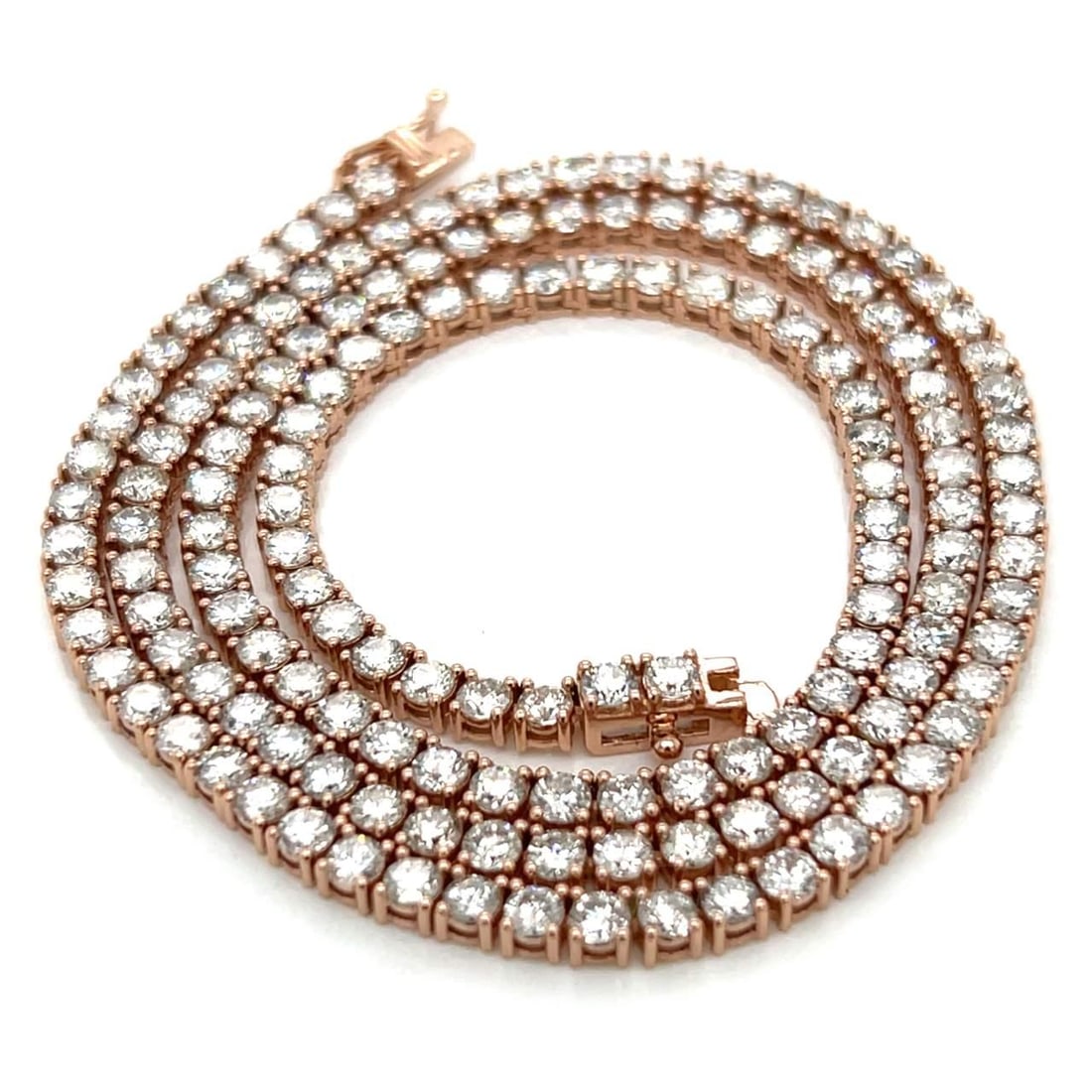 14K Rose Gold 15.00 Ct Diamond Tennis Necklace 154 Diamonds F-G VS2-SI2: 14K Rose Gold 15.00 Ct Diamond Tennis Necklace 154 Diamonds F-G VS2-SI2 This stunning 14K rose gold diamond tennis necklace features a remarkable total diamond weight of approximately 15.00 ct, showca
