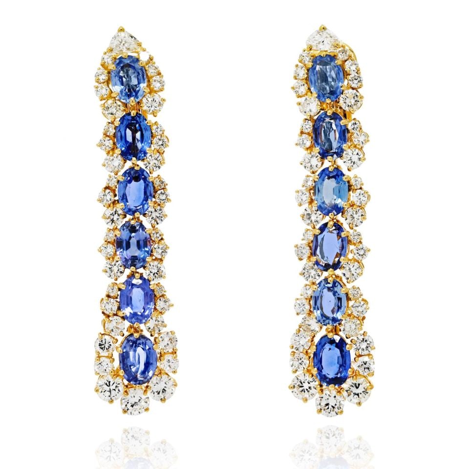 Marina B 18K Yellow Gold Diamond Sapphire Drop Earrings 2.5 Inch: Marina B 18K Yellow Gold Diamond Sapphire Drop Earrings 2.5 Inch Introducing exquisite Marina B. drop earrings crafted in luxurious 18K yellow gold. These stunning earrings feature a total of 12 light