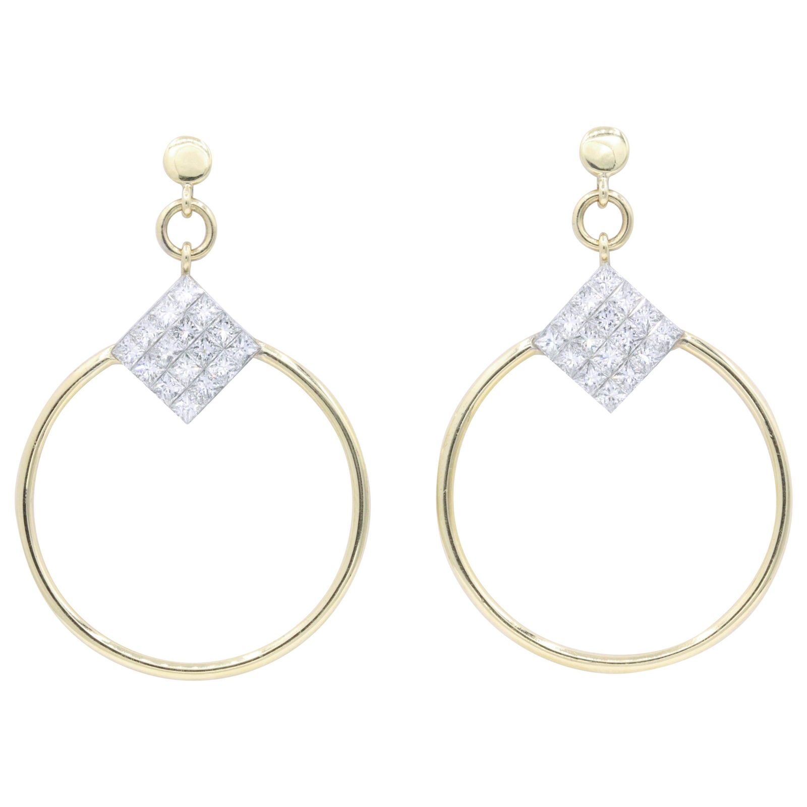 Harbor Diamonds 18K Yellow Gold 4 Carat Princess Cut Diamond Hoop Earrings: Harbor Diamonds 18K Yellow Gold 4 Carat Princess Cut Diamond Hoop Earrings Elevate your style with these exquisite Diamond Princess Cut Hoop Earrings, crafted from 18 karat yellow gold. Featuring a st