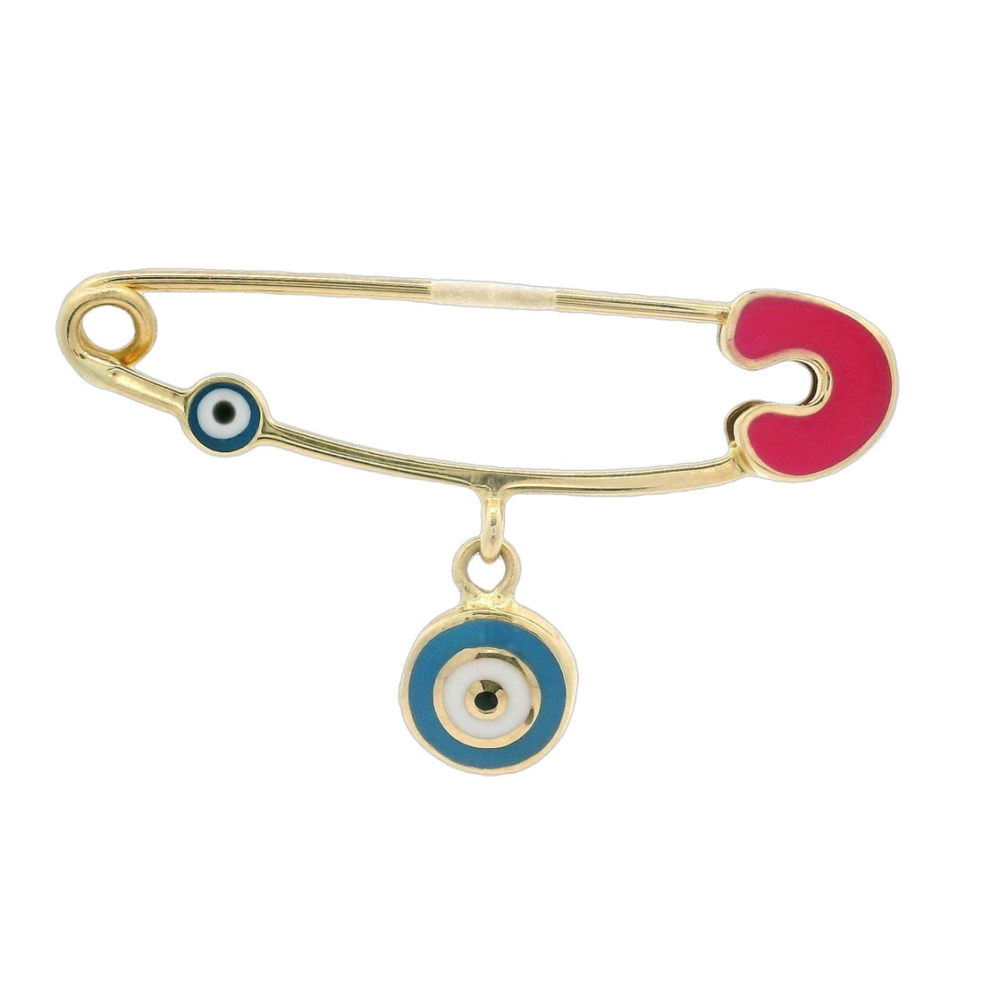 Italian 14k Yellow Gold Pink Enamel Evil Eye Safety Pin Charm: Italian 14k Yellow Gold Pink Enamel Evil Eye Safety Pin Charm This exquisite Italian charm holder is crafted from solid 14k yellow gold and features a delightful pink enamel safety pin design, accente